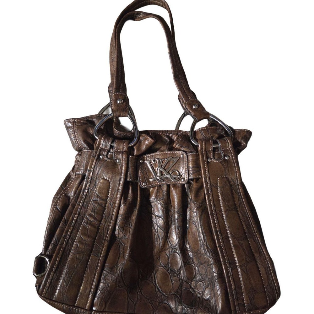 Vintage Y2K Kathy Van Zeeland Dark Brown Croc Leather Slouchy Shoulder Bag